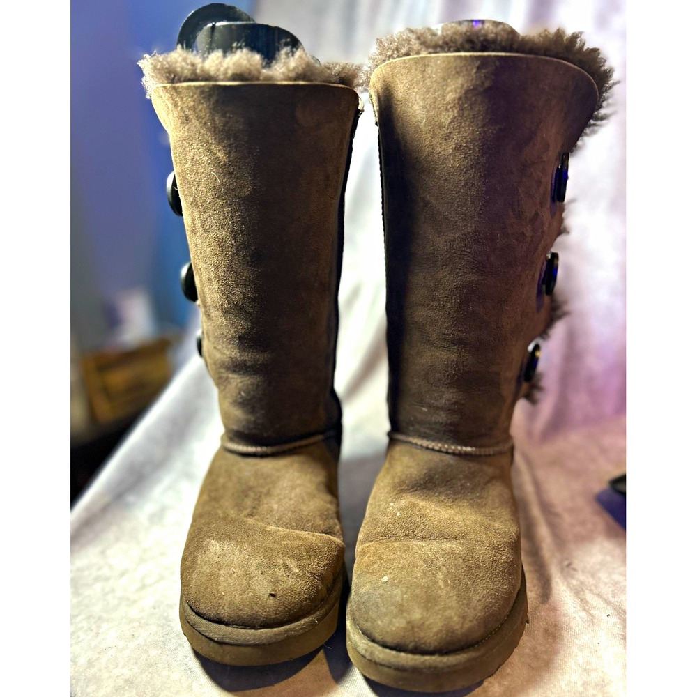 UGG Women's Brown Suede Shearling Lined Mid-Calf Boots Button Closure